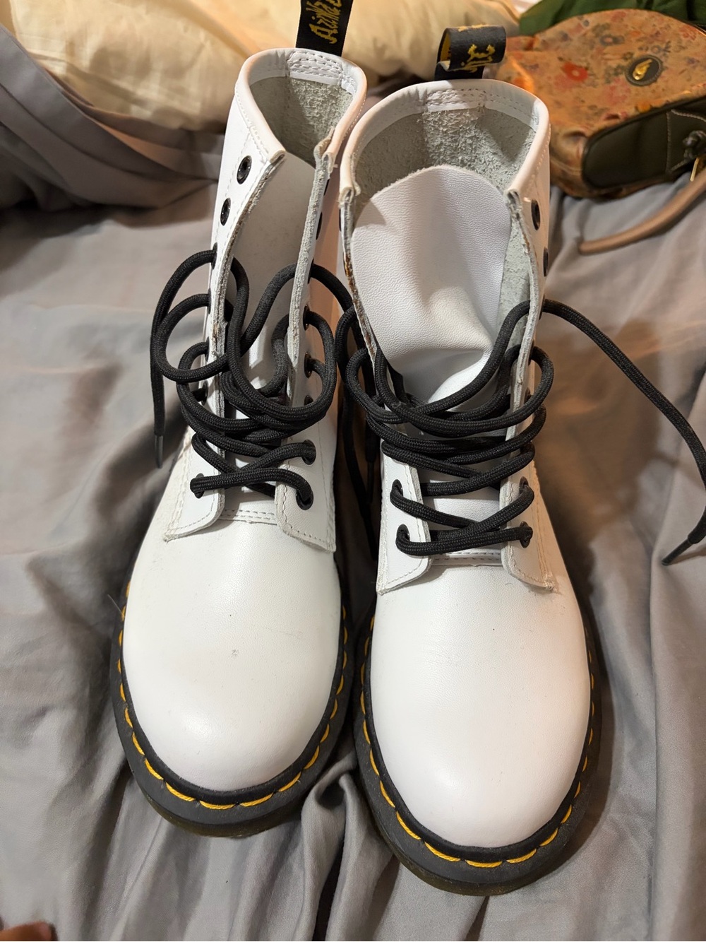 Dr. Martens White Leather Lace-Up Boots with Black Laces